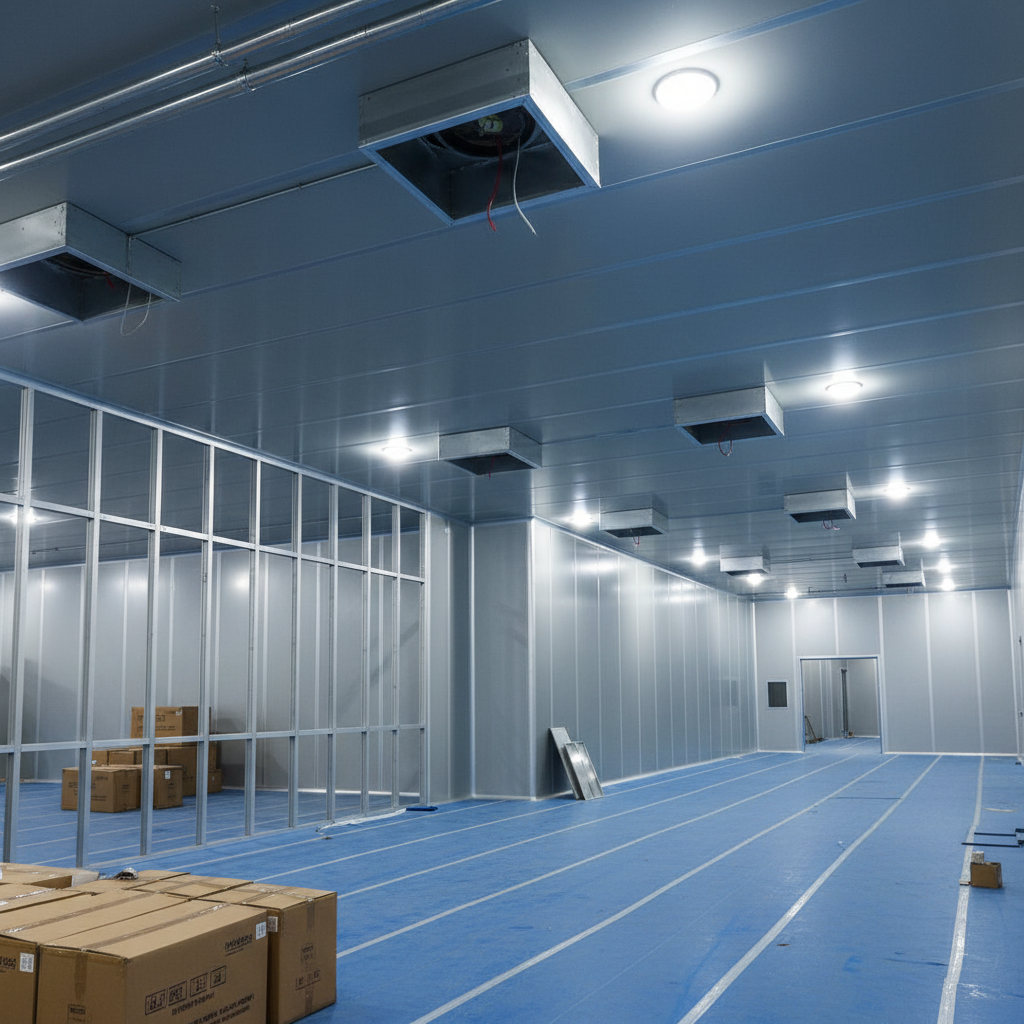 一处洁净厂房净化工程施工现场摄影画面，宽敞空间内已经完成大面积彩钢夹芯板隔墙和吊顶安装，银灰色铝合金龙骨整齐排列。地面铺设防尘保护膜，上方悬挂的方形送风口和回风口尚未完全封板，银色镀锌风管沿顶棚延伸。冷白色临时施工照明灯均匀照亮现场，在板材和金属管道上形成清晰明暗层次。相机采用广角镜头平视构图，前景可见整齐堆放的净化设备包装箱，远处是已封闭成型的洁净走廊，整体画面展现规范施工与专业工程管理，风格简洁真实。