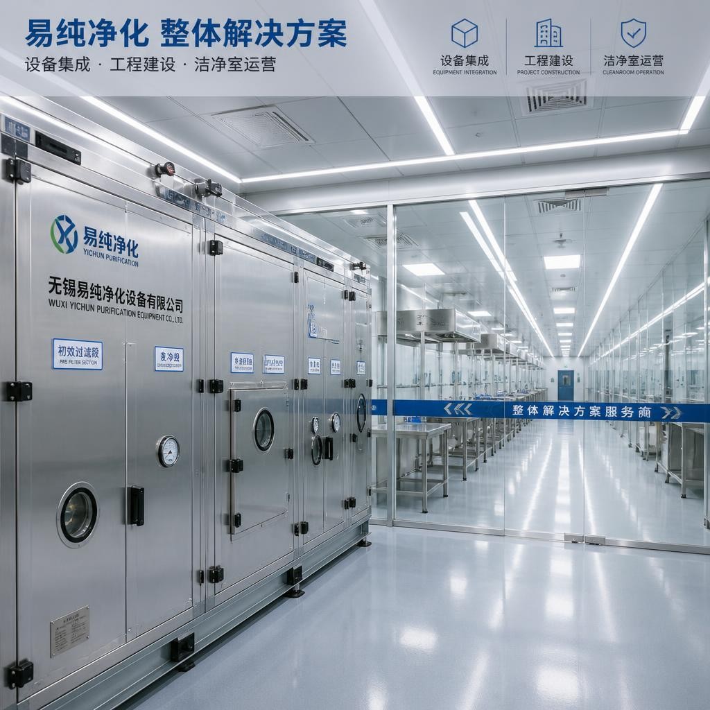 一张展示无锡易纯净化设备有限公司整体解决方案的构图性摄影画面，前景为一台大型组合式空气处理机组，拉丝不锈钢箱体、清晰的检修门锁和视窗、标识框架一应俱全；中景是通过玻璃隔断可见的洁净走廊，墙顶为白色净化板，整齐排布高效送风口和照明灯；远处延伸到洁净生产区，内有整齐排列的不锈钢工作台与局部层流罩。顶部嵌入线性灯形成明快光带，整体冷白色调光线均匀，画面从前到后层次清晰。相机采用略俯视广角构图，突出“设备+工程+洁净室”一体化形象，风格专业、理性、科技感强。